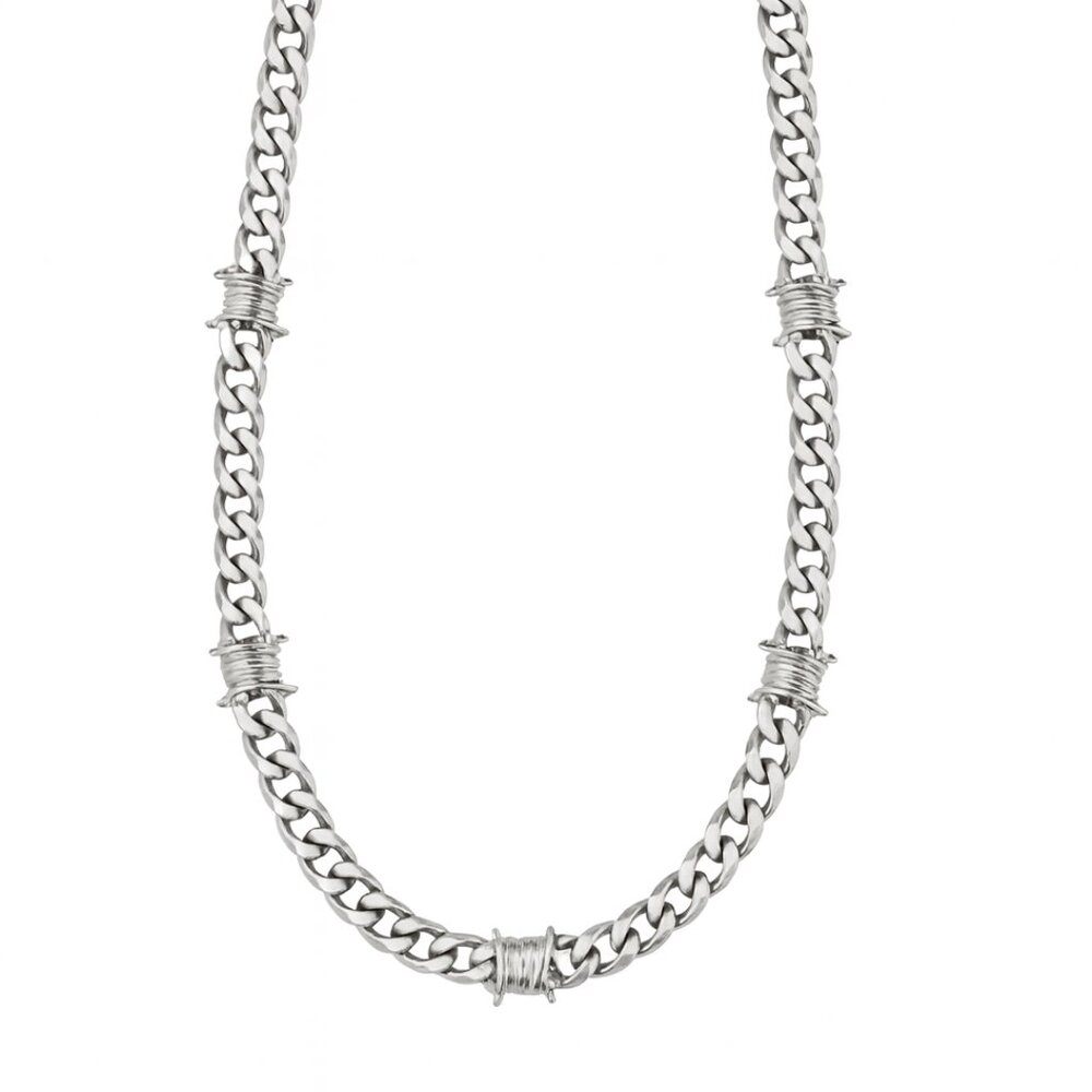 Men Barbed Wire Titanium Steel Studded Chain Necklace